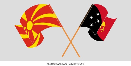 Banderas cruzadas y ondeando banderas del norte de Macedonia y Papúa Nueva Guinea. Ilustración del vector
