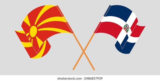 Crossed and waving flags of North Macedonia and Dominican Republic. Vector illustration
