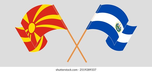 Bandeiras cruzadas e acenando da Macedônia do Norte e República de El Salvador. Ilustração vetorial.
