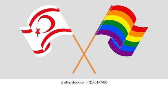 Crossed and waving flags of Northern Cyprus and LGBTQ. Vector illustration
