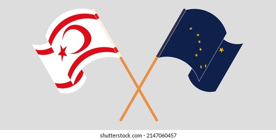 Crossed and waving flags of Northern Cyprus and the State of Alaska. Vector illustration
