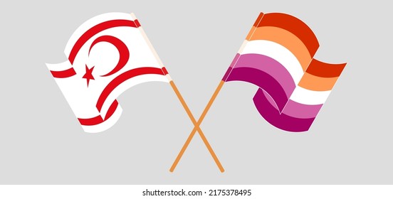 Crossed and waving flags of Northern Cyprus and Lesbian Pride. Vector illustration
