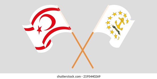 Crossed and waving flags of Northern Cyprus and the State of Rhode Island. Vector illustration
