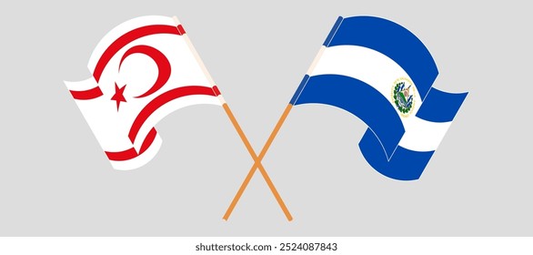 Crossed and waving flags of Northern Cyprus and Republic of El Salvador. Vector illustration.
