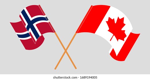 Crossed and waving flags of Norway and Canada