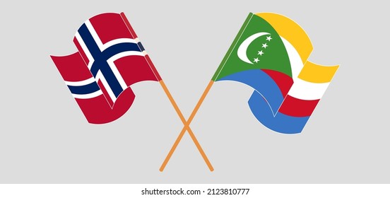 Crossed and waving flags of Norway and Comoros. Vector illustration
