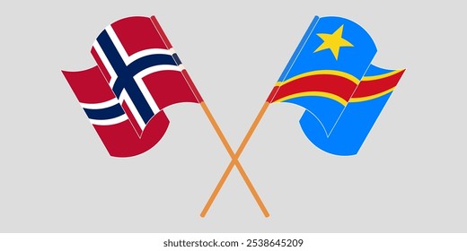 Banderas cruzadas y ondeando de Noruega y la República Democrática del Congo. Ilustración vectorial.
