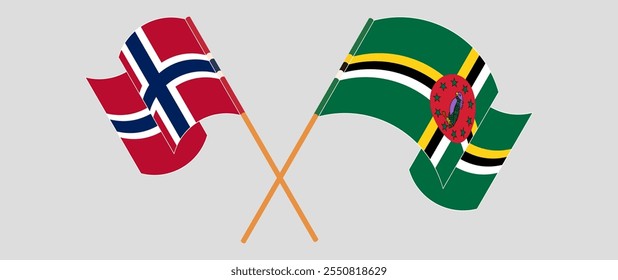 Banderas cruzadas y ondeando de Noruega y Dominica. Ilustración vectorial.
