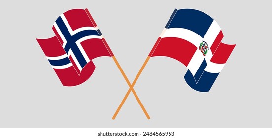 Crossed and waving flags of Norway and Dominican Republic. Vector illustration
