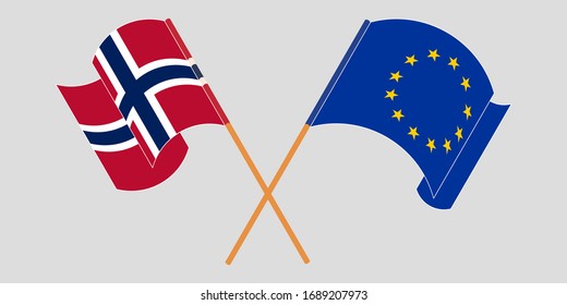Crossed and waving flags of Norway and the EU