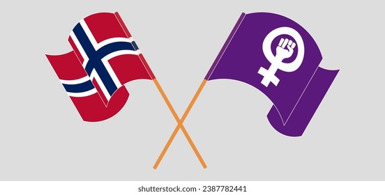 Crossed and waving flags of Norway and Feminism. Vector illustration
