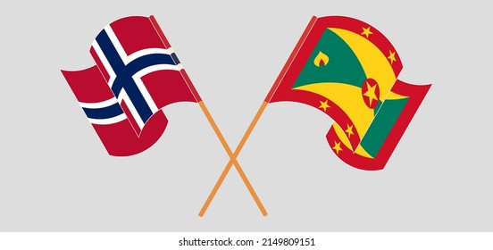 Crossed and waving flags of Norway and Grenada. Vector illustration
