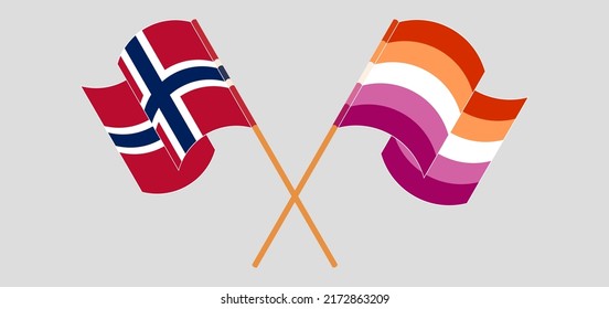 Crossed and waving flags of Norway and Lesbian Pride. Vector illustration
