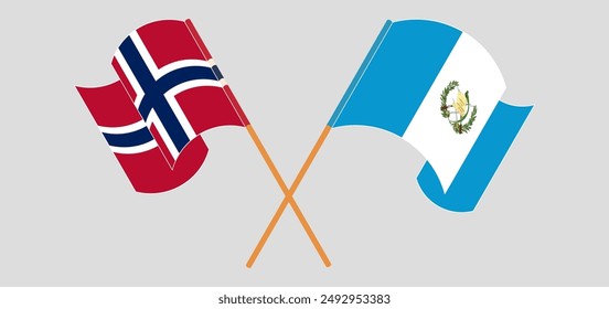 Cruzadas y ondeando banderas de Noruega y República de Guatemala. Ilustración vectorial
