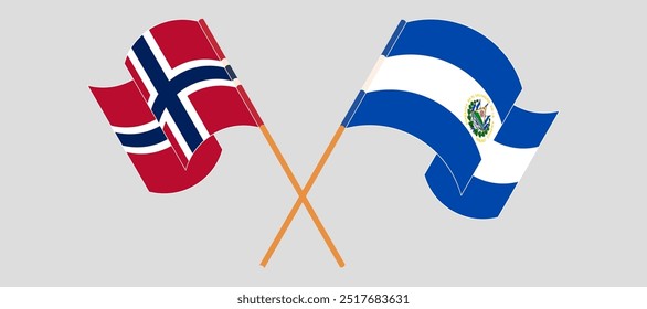 Bandeiras cruzadas e acenando da Noruega e República de El Salvador. Ilustração vetorial.
