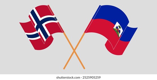 Bandeiras cruzadas e acenando da Noruega e da República do Haiti. Ilustração vetorial.
