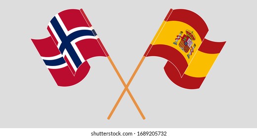 Crossed and waving flags of Norway and Spain