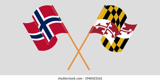 Crossed and waving flags of Norway and the State of Maryland
