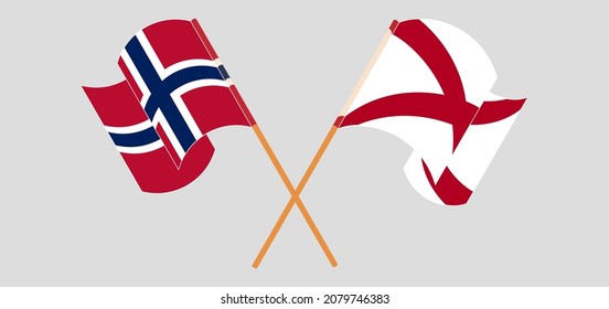 Überquerte und wehende Flaggen Norwegens und des Staates Alabama. Vektorgrafik

