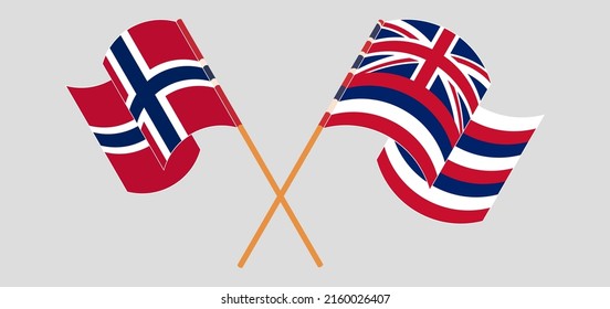 Crossed and waving flags of Norway and The State Of Hawaii. Vector illustration
