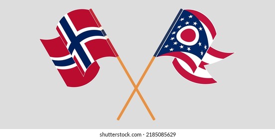 Crossed and waving flags of Norway and the State of Ohio. Vector illustration
