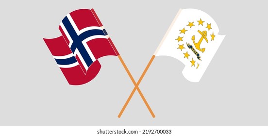 Crossed and waving flags of Norway and the State of Rhode Island. Vector illustration
