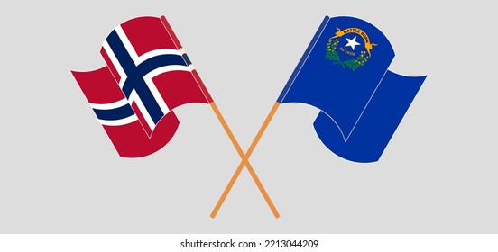 Crossed and waving flags of Norway and The State of Nevada. Vector illustration
