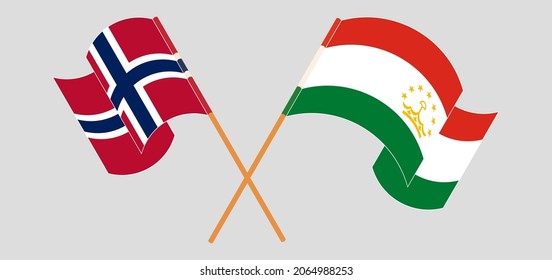 Crossed and waving flags of Norway and Tajikistan