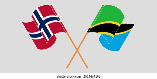 Crossed and waving flags of Norway and Tanzania