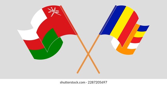 Crossed and waving flags of Oman and Buddhism. Vector illustration