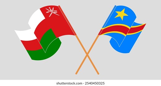 Crossed and waving flags of Oman and Democratic Republic of the Congo. Vector illustration.
