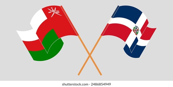 Crossed and waving flags of Oman and Dominican Republic. Vector illustration
