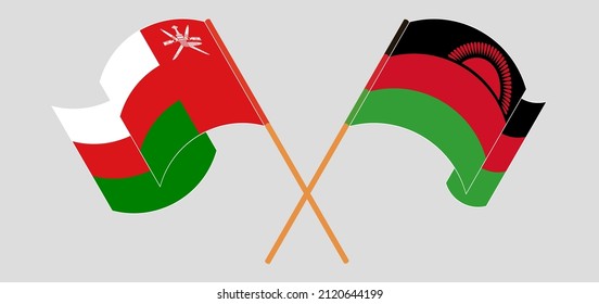 Crossed and waving flags of Oman and Malawi. Vector illustration
