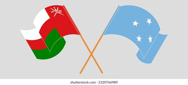 Banderas cruzadas y ondeando banderas de Omán y Micronesia. Ilustración del vector
