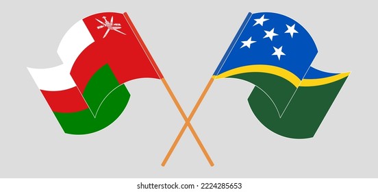 Crossed and waving flags of Oman and Solomon Islands. Vector illustration
