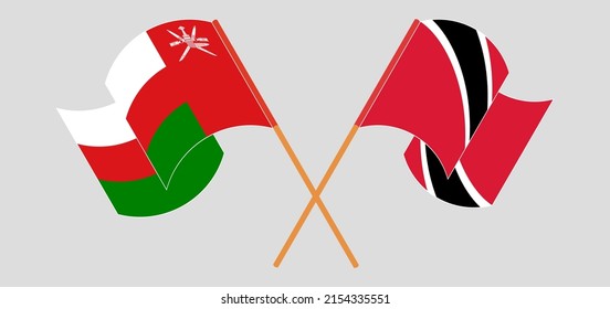 Crossed and waving flags of Oman and Trinidad and Tobago. Vector illustration
