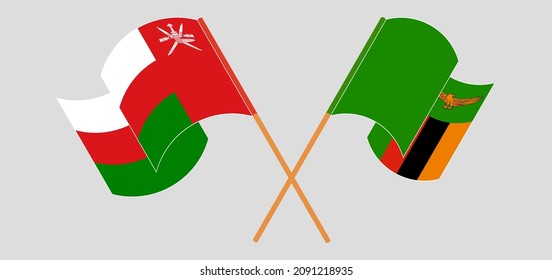 Crossed and waving flags of Oman and Zambia. Vector illustration
