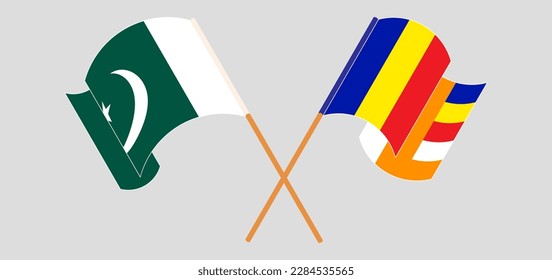 Crossed and waving flags of Pakistan and Buddhism. Vector illustration
