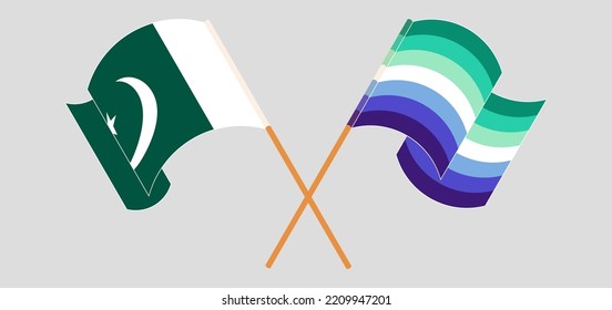 Crossed and waving flags of Pakistan and gay men pride. Vector illustration
