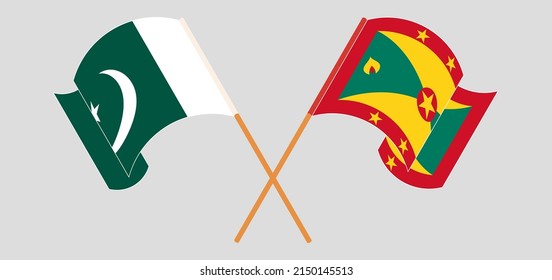 Crossed and waving flags of Pakistan and Grenada. Vector illustration
