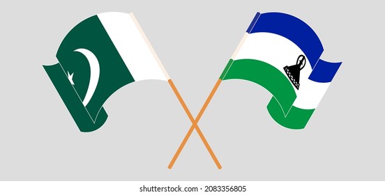 Crossed and waving flags of Pakistan and Kingdom of Lesotho. Vector illustration
