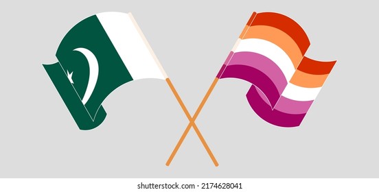 Crossed and waving flags of Pakistan and Lesbian Pride. Vector illustration
