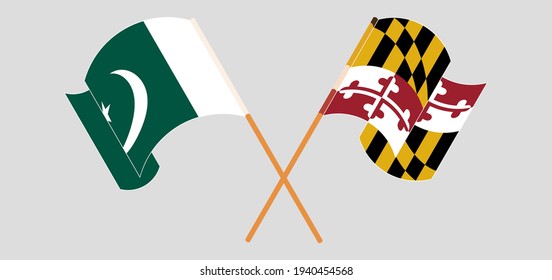 Crossed and waving flags of Pakistan and the State of Maryland