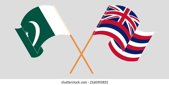 Cruzando y ondeando banderas de Pakistán y el estado de Hawaii. Ilustración del vector

