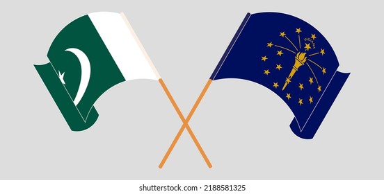 Crossed and waving flags of Pakistan and the State of Indiana. Vector illustration
