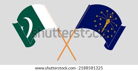 Crossed and waving flags of Pakistan and the State of Indiana. Vector illustration
