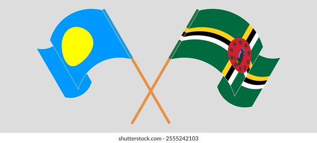 Crossed and waving flags of Palau and Dominica. Vector illustration.
