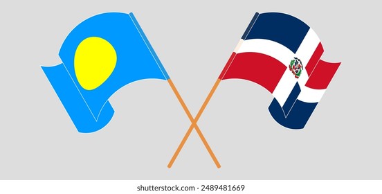 Crossed and waving flags of Palau and Dominican Republic. Vector illustration
