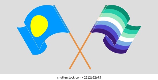 Crossed And Waving Flags Of Palau And Gay Men Pride. Vector Illustration
