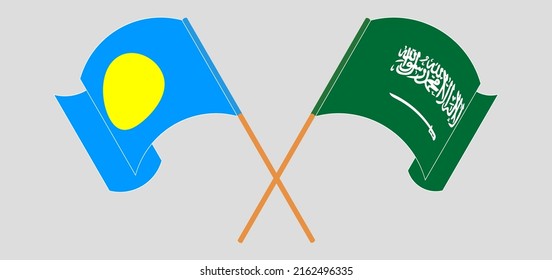 Banderas cruzadas y ondeando banderas de Palau y Arabia Saudita. Ilustración del vector
